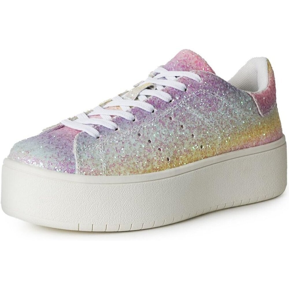 J. Adams Women Multi Casual Lace Up Fashion Tennis Rainbow Glitter Sneakers 6.5